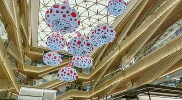 TOKYO , JAPAN - July 26, 2017 : Models of pumpkins by Kusama Yayoi hang from the ceiling of Ginzasix shopping center