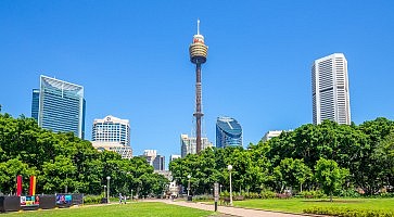 Sydney, Australia - January 5, 2019: sydney tower and hyde park. Sydney Tower is the tallest structure in this city, and Hyde Park is the oldest public parkland in Australia.